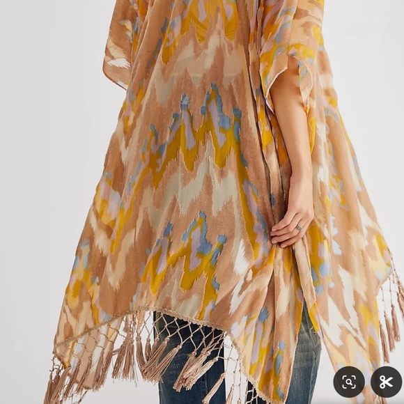 Free People Kimono Yellow Cream Blush pink gray Fringe Velvet One Size - Picture 2 of 8